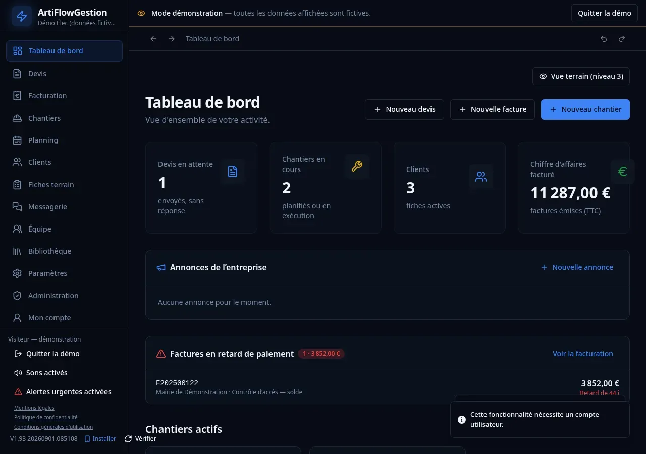 Le tableau de bord (données fictives)