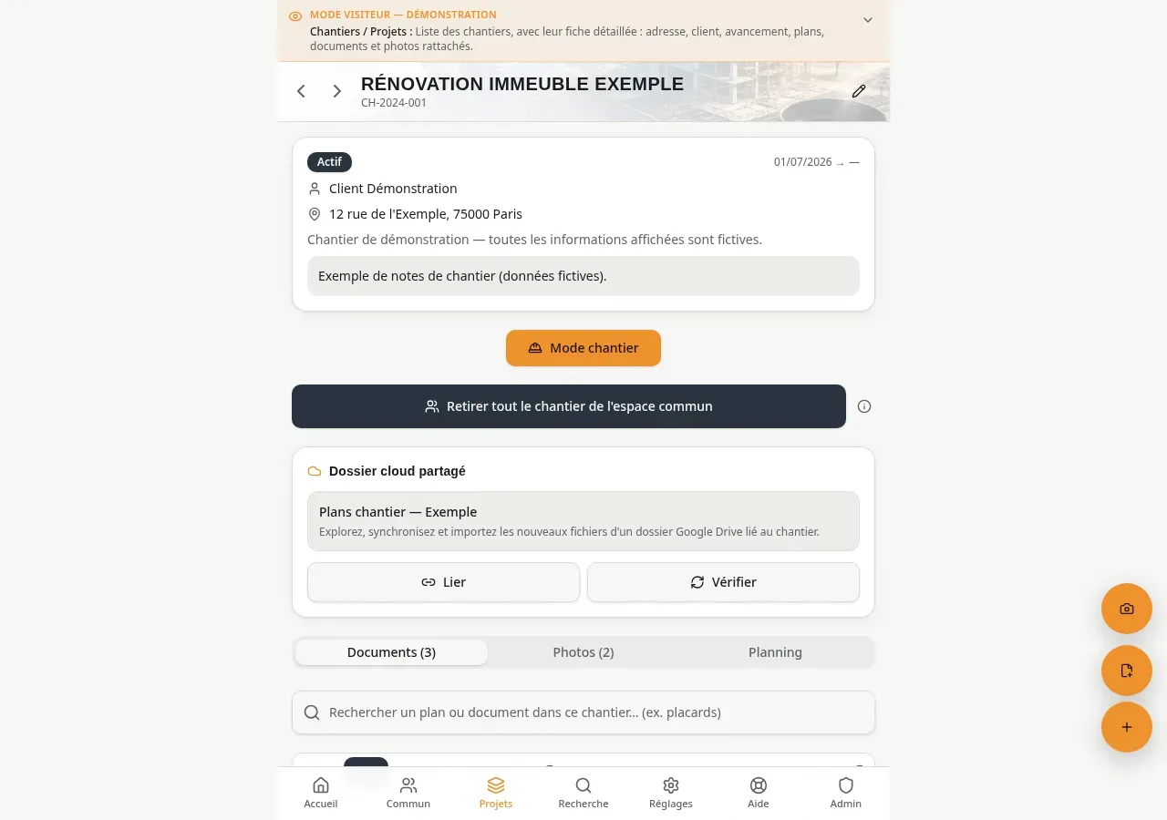 La fiche d'un chantier