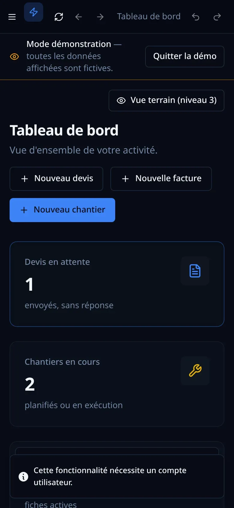 Le tableau de bord d'ArtiFlow Gestion sur téléphone