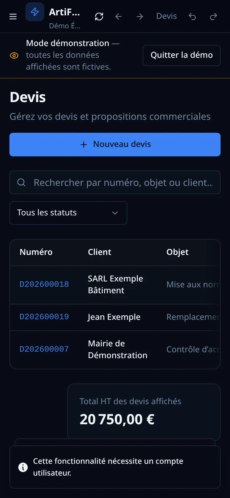 Un devis sur téléphone (données fictives)