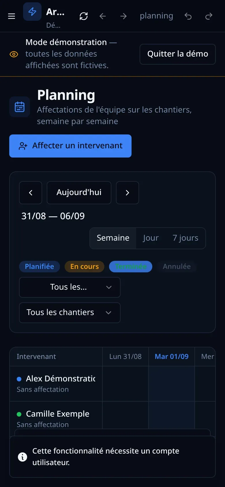 Le planning sur téléphone (données fictives)