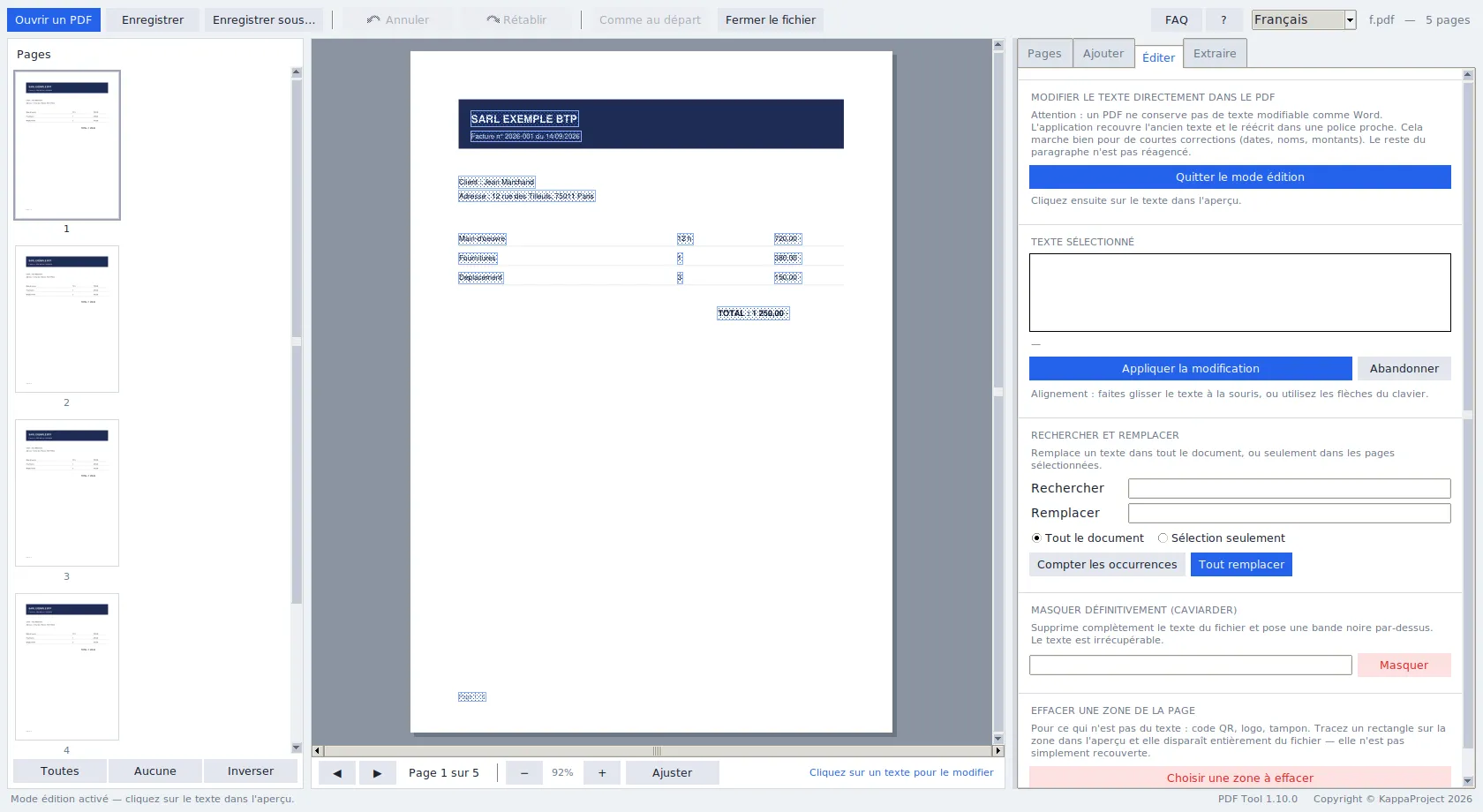 PDF Tool, onglet Éditer, sur une facture d'exemple