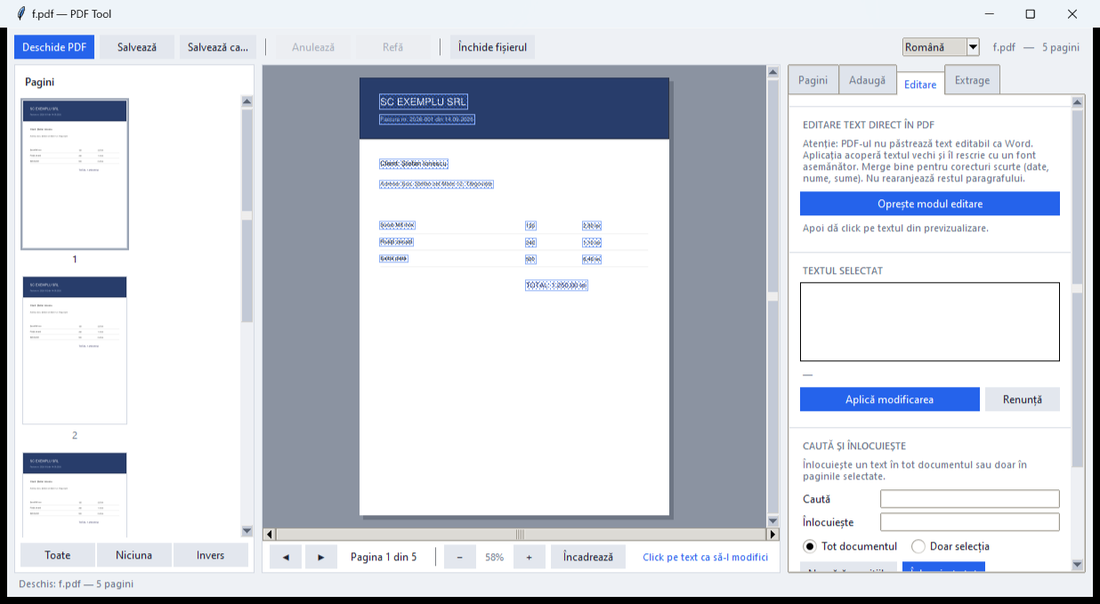 PDF Tool en mode édition : les zones de texte modifiables sont surlignées en bleu sur la page